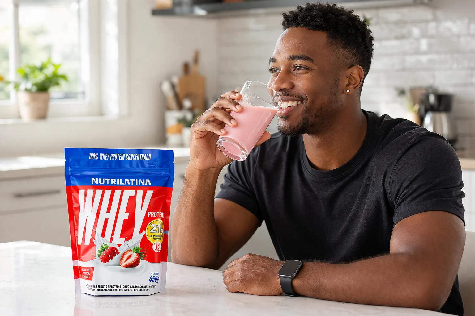 Homem sentado na cozinha tomando Whey Protein Nutrilatina sabor morango