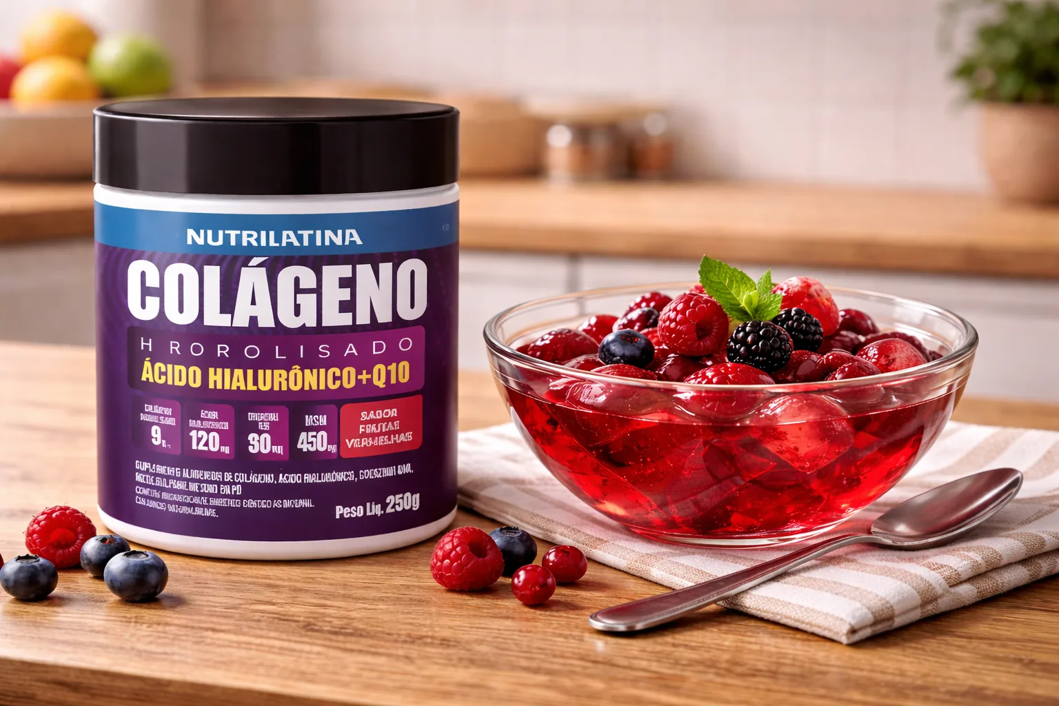 Gelatina de frutas vermelhas e ao lado um pote de colágeno Nutrilatina