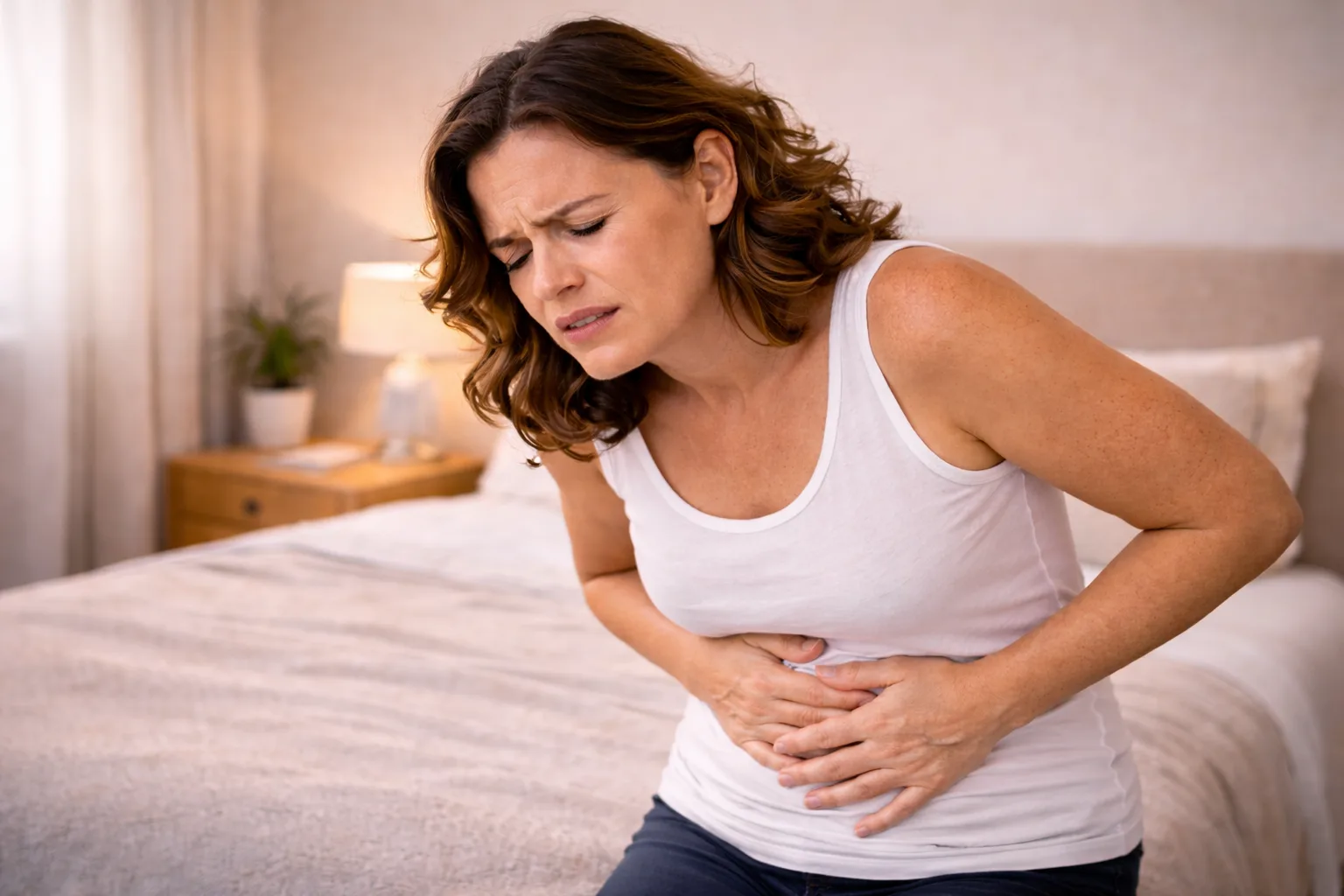 Mulher sentada na cama do seu quarto, com dor de barriga.