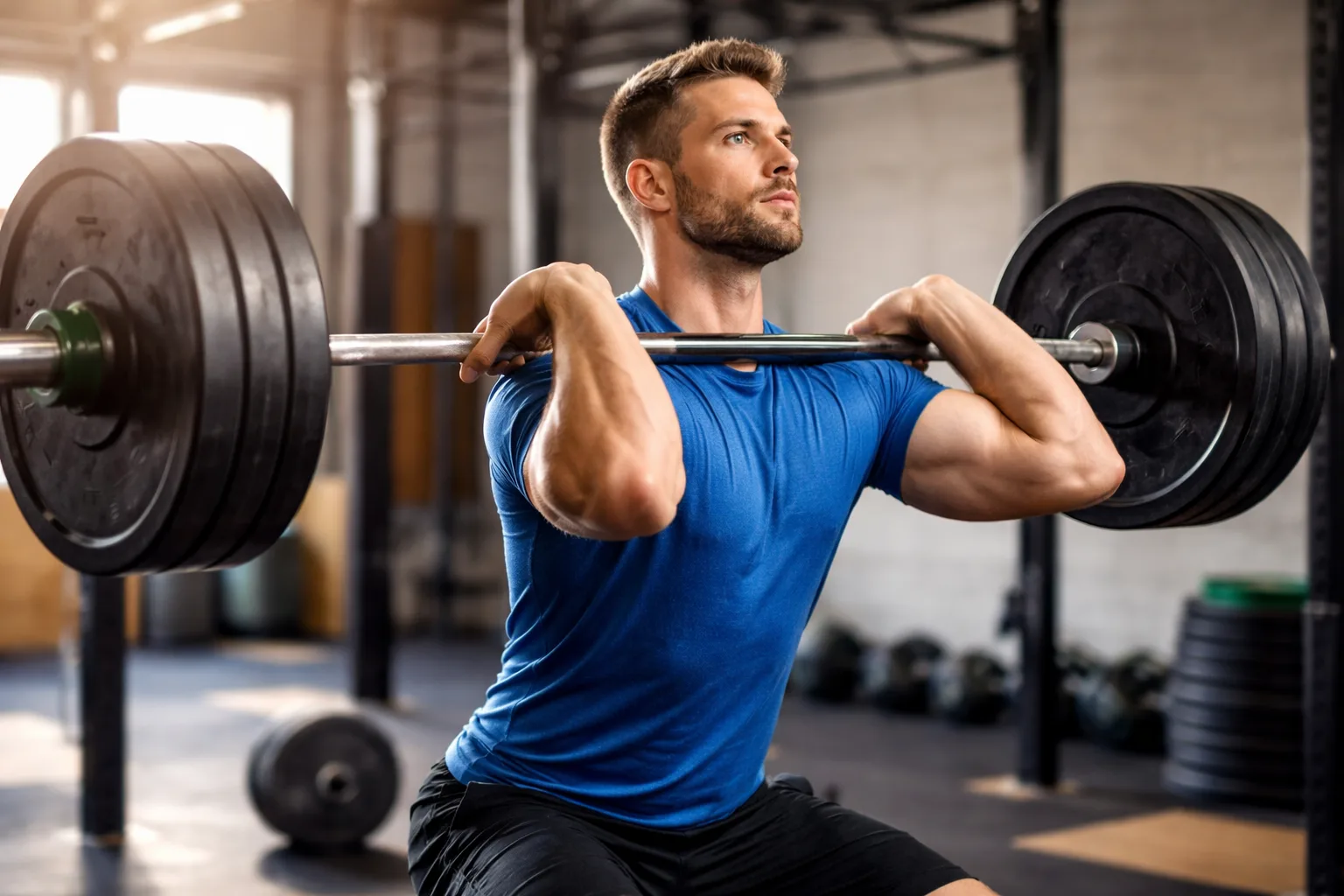 Homem de camiseta azul, levantando peso no Crossfit