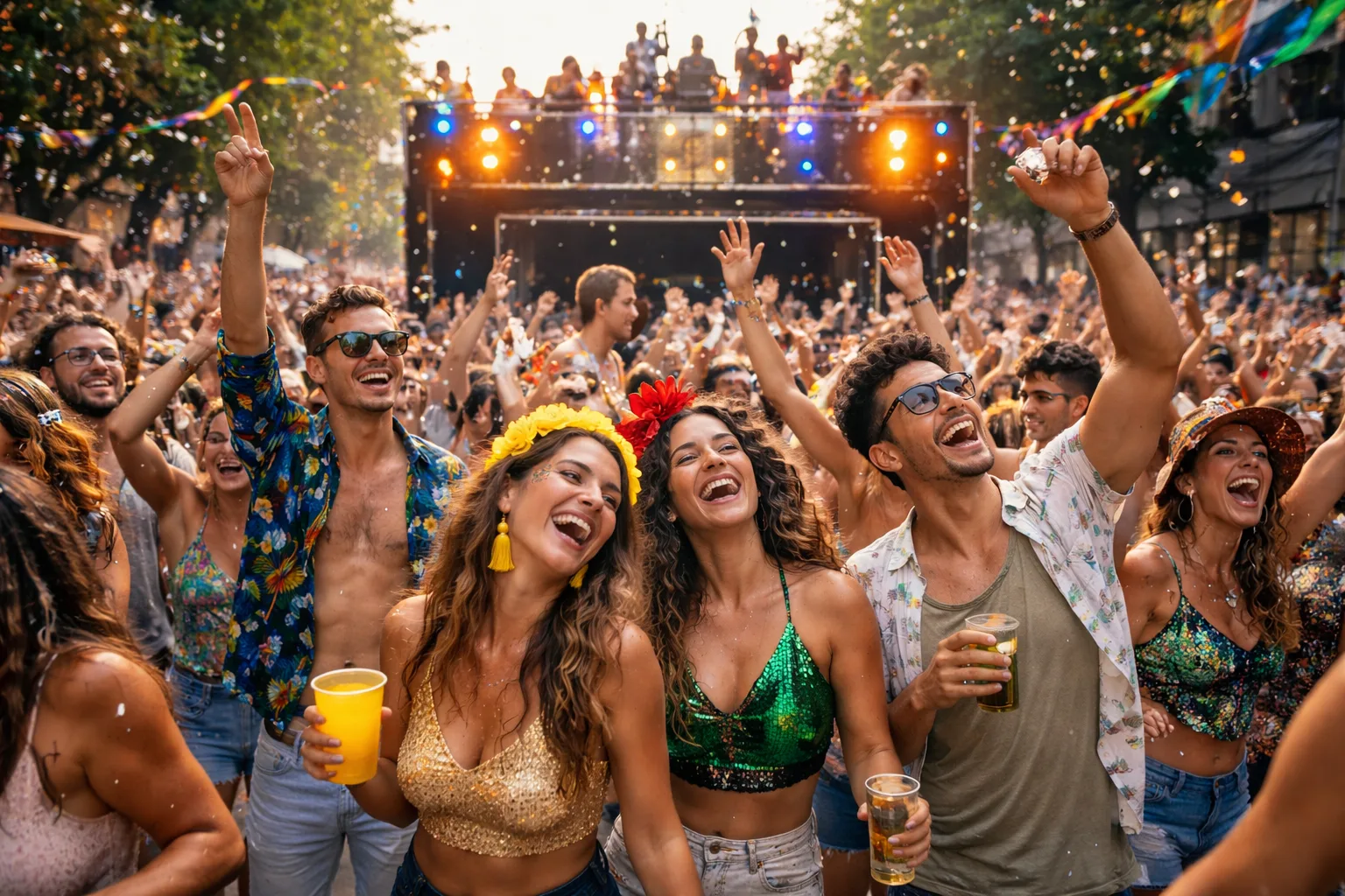 Duas mulheres e um homem se divertindo no carnaval de rua