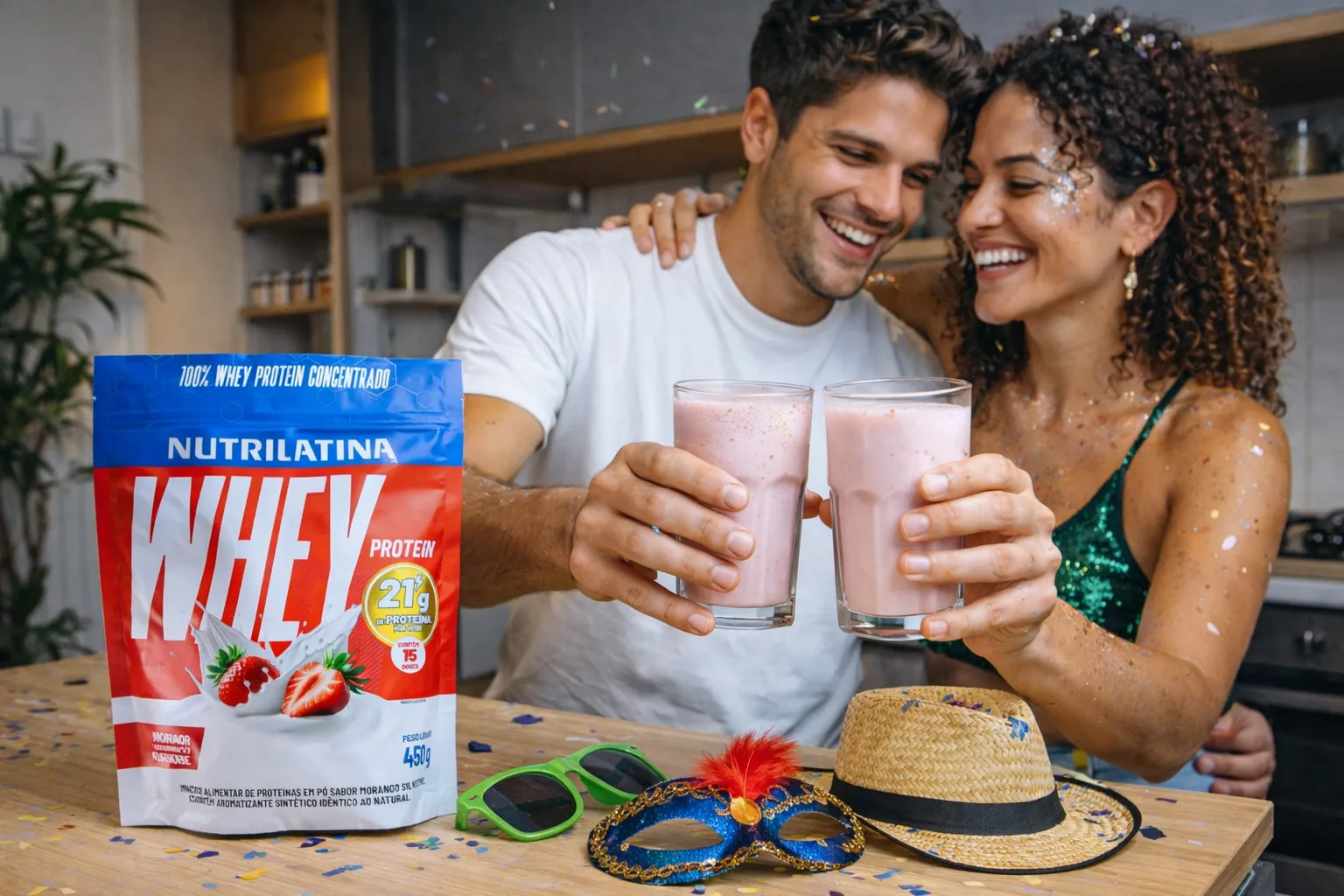 Homem e mulher com um copo na mão. No copo tem Whey Protein Nutrilatina Sabor Morango.