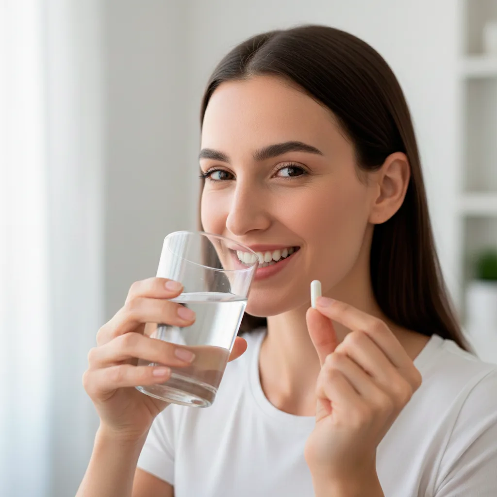 Mulher sorrindo com copo na mão, tomando MAG 5 Nutrilatina