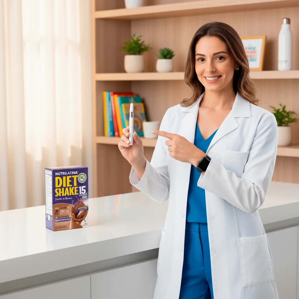 Nutricionista segurando uma caneta emagrecedora. Sobre a mesa à sua frente, está o Diet Shake Nutrilatina.